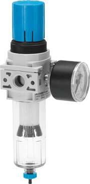 Festo 539690 filter regulator LFR-1/4-DB-7-5M-MINI-H Output pressure max. 7 bar, with pressure gauge, 5 µ filtration grade. Size: Mini, Width: 44 mm, Series: DB, Actuator lock: Rotary knob with lock, Assembly position: Vertical +/- 5° 539690 on Powermatic Associates