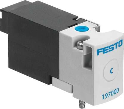 Festo 197002 solenoid valve MHA1-M1H-3/2G-0,6-HC manifold block valve for individual and battery mounting, particularly small design, with plug connection at rear. Valve function: 3/2 closed, monostable, Type of actuation: electrical, Width: 10 mm, Standard nominal fl 197002 on Powermatic Associates