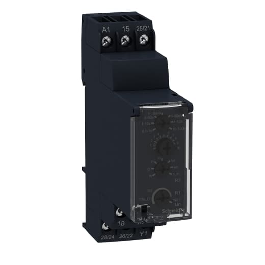 Schneider Electric RE22R2MMU Schneider Electric RE22R2MMU is an analog, modular multi-function timer designed for DIN rail mounting. It features a variety of functions including A, Ac, At, B, Bw, C, D, Di, H, and Ht, which are controlled via a front panel rotary knob. The timer offers a control signal pulse width of 100ms under load and 30ms, with a recovery time of 120ms on de-energisation and a power-on delay of 100ms. It has a rated current of 8 A and falls under the RE22 sub-range. The degree of protection is IP40 for both the front face and housing, with the terminal block rated at IP20. The housing material is self-extinguishing, and the power consumption at 24Vdc is 0.7 W. It features DPDT (Double Pole Double Throw) - 2C/O contacts, with a rated impulse voltage (Uimp) of 5 kV. The supply voltage ranges from 24-240 V AC and 24 V DC, with a minimum of 20.4 V. Display indicators include a green LED for timing in progress and power ON, and a yellow LED for relay energisation. Its electrical durability is rated at 100,000 operations for 250Vac resistive load and 10,000,000 operations. The time delay range is 0.1s to 100h or 0.1 to 360,000 seconds. It operates within a temperature range of -20°C to +60°C. RE22R2MMU on Powermatic Associates