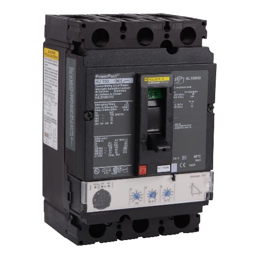 Schneider Electric HJL36100U31X Square D by Schneider Electric HJL36100U31X is a Moulded Case Circuit Breaker (MCCB) within the PowerPacT HJL sub-range, featuring a PowerPact H-Frame 150 Micrologic 3.2 (LI) design. It is a 3-pole (3P) device with a rated current of 100A and offers both long-time (L) and instantaneous (I) protection functions. The breaker is designed for individual unit mount on plate, with lugs on both load and line sides for connection. It has a rated insulation voltage (Ui) of 750 V, an AC rated voltage of 600Vac and 600Y/347Vac, and a DC rated voltage of 250Vdc. The device's net dimensions are 163 mm in height, 104 mm in width, and 86 mm in depth, and it features a degree of protection of IP40. The operating mode is manual toggle, with protection settings adjustable for overload (0.35...1 x In or 35A...100A) and short-circuit (1.5...15 x In or 150A...1500A) conditions. The rated operating voltage (Ue) is 690 V, with a rated impulse voltage (Uimp) of 8 kV. The trip current rating is 100 AT, with a frame current rating of 150 AF. It has a short circuit breaking rating of 100kA at 240Vac, 65kA at 480Vac and 480Y/277Vac, 25kA at 600Vac and 600Y/347Vac, and 20kA at 250Vdc, all according to UL489 standards. The trip unit type is an electronic Micrologic Standard 3.2 (LI) with no display, and it falls under utilisation category A. HJL36100U31X on Powermatic Associates