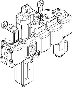 Festo 550505 service unit combination MSB6N-1/2:C3J4D7A1F3-WP Comprising on-off valve, filter regulator, electrical on-off valve, pneumatic soft-start valve, branching module with pressure switch but without display, wall mounting plate. Maximum output pressure 9 bar, 550505 on Powermatic Associates