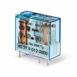 Finder 40.51.9.024.0000 Finder 40.51.9.024.0000 is a relay with a solder pin connection type, designed for a rated current of 12A at 250Vac (AC-1) and 12A at 30Vdc (DC-1), with lower current ratings of 0.6A at 110Vdc and 0.3A at 220Vdc for Normally Open (NO) auxiliary contacts. It operates with a supply voltage of 24Vdc and is capable of handling 1000VA at 230Vac and 3000VA at 250Vac for ambient air temperatures during operation, with an ambient air temperature range for storage of -40 to +85 degrees Celsius. The relay features a Single Pole Double Throw (SPDT) design, a rated voltage of 250Vac, and a control voltage of 6 kV. It is designed for PCB plug-in mounting, with dimensions including a net width of 29 mm, a net depth of 25 mm, and a power consumption of 0.65 W. The relay has a visual position indicator with 5.3mm pins pitch, is rated for 200,000 operations for Normally Closed (NC) circuits, and has a durability of 10,000,000 operations. The relay's contacts are made of AgNi (Silver Nickel). 40.51.9.024.0000 on Powermatic Associates