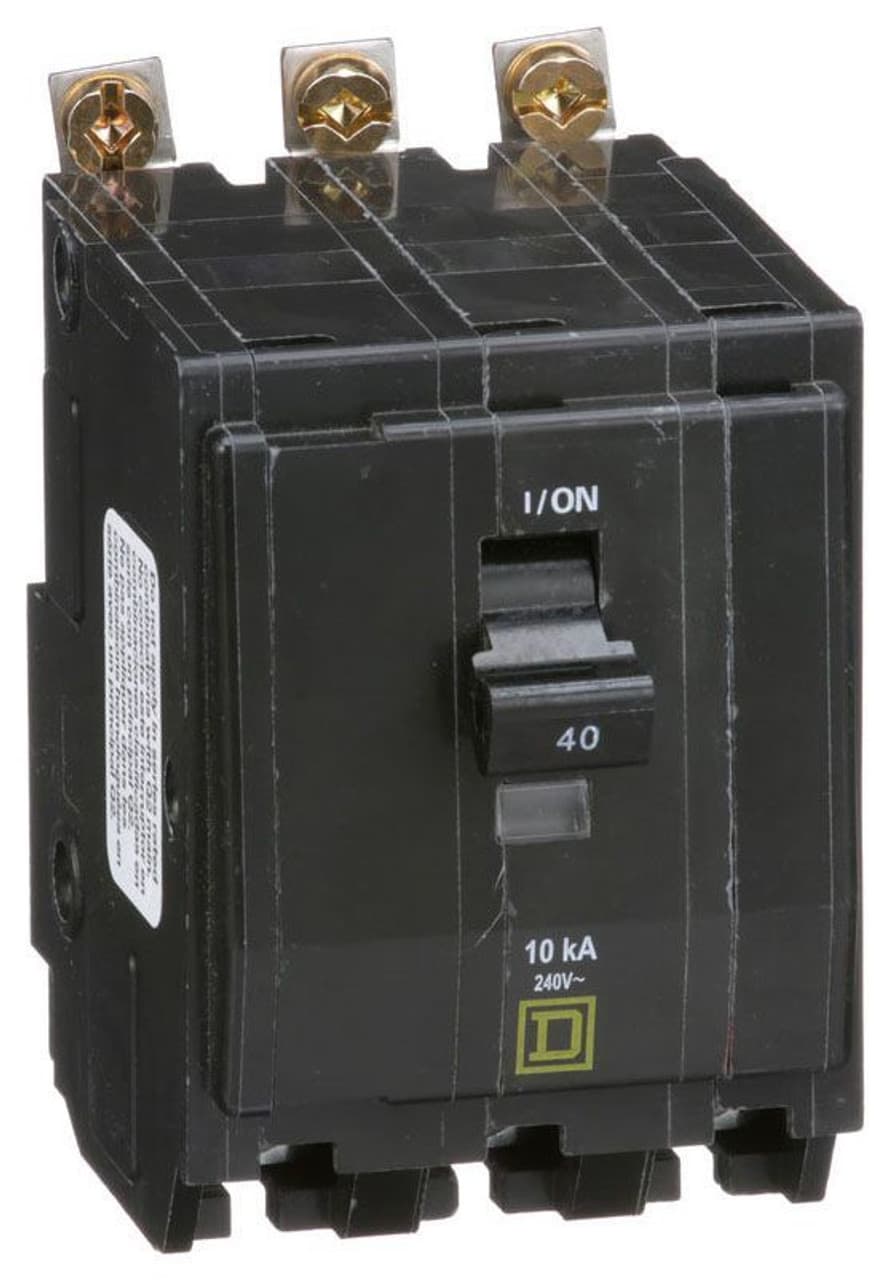 Schneider Electric QOB340 Square D by Schneider Electric QOB340 is a Miniature Circuit Breaker (MCB) designed for bolt-on mounting. It features a rated current of 40A and accommodates a bolt-on connection type. This MCB is compatible with a voltage rating of 48Vdc and 120V/240V AC, supporting a cross-section of 8-2AWG for 1 cable Al/Cu. It is a 3 Pole device with a short circuit breaking rating of 10kA at 240Vac and 5kA at 48Vdc. The QOB340 is equipped with box lugs type of terminals. QOB340 on Powermatic Associates