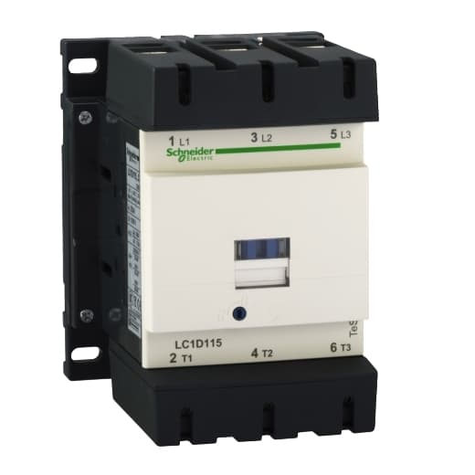 Schneider Electric LC1D115V7 Schneider Electric LC1D115V7 is a magnetic contactor from the Deca sub-range, featuring screw connections and designed with 3 poles (3P; 3NO). It has a rated current of 200A (AC-1) and 115A (440Vac; AC-3), with a mounting mode suitable for DIN rail installation. The net width of the contactor is 120 mm, and it offers a degree of protection rated at IP20. The control voltage (AC) ranges from 320-460Vac (400Vac nominal; 50Hz/60Hz; 0.8...1.15 x Uc), and the rated operating voltage (Ue) is up to 1000 V. This part includes 1 normally open (NO) auxiliary contact and 1 normally closed (NC) auxiliary contact, with a contacts type of 1NO+1NC instantaneous aux. The rated impulse voltage (Uimp) is 8 kV. It supports rated active power ranging from 30kW (220-230Vac; AC-3) to 80kW (660-690Vac; AC-3), including 65kW at 1000Vac (AC-3). The rated power in horsepower (HP) varies from 30HP at 200-208Vac to 100HP at 575-600Vac, for 3-phase systems at 50Hz/60Hz under UL/CSA standards. The mechanical durability of the LC1D115V7 is up to 8,000,000 operations, and its electrical durability with load reaches 950,000 operations. The rated voltage (AC) for phase-to-phase connections is 1000 V. LC1D115V7 on Powermatic Associates