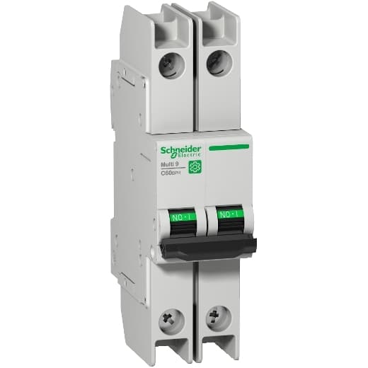 Schneider Electric M9F52235 Schneider Electric M9F52235 is a Miniature Circuit Breaker (MCB) within the C60BPR sub-range, designed with a 2 Pole configuration and a rated current of 35A. It features a rated insulation voltage (Ui) of 500 V and a rated impulse voltage (Uimp) of 6 kV. The MCB offers a short circuit breaking rating of 14kA AIR at both 120Vac and 240Vac, and 10kA AIR at 480Y/277Vac and 125Vdc. It supports a rated voltage (AC) for phase-to-phase connections up to 440 V and ensures both poles are protected. The tripping curve for this device is classified as type C. M9F52235 on Powermatic Associates