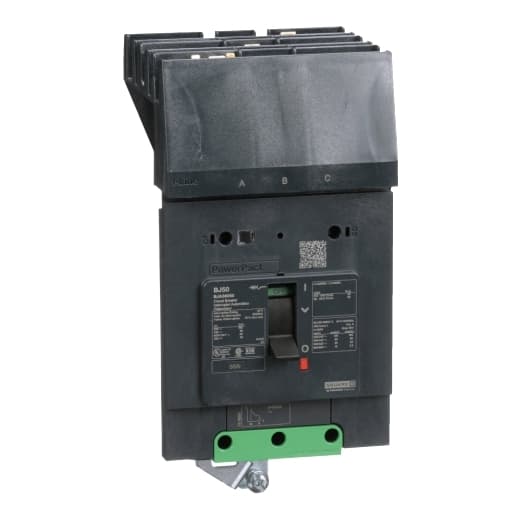 Schneider Electric BJA36050 Square D by Schneider Electric BJA36050 is a Moulded Case Circuit Breaker (MCCB) within the PowerPacT BJA sub-range, featuring a PowerPact B-Frame 100 TMD 3P 50A design for 600Y/347Vac with a 25kA I-line and ABC 80% rated. It has a rated impulse voltage (Uimp) of 8 kV and utilizes an I-line connection for ABC phases. The degree of protection is IP40, with a rated current of 50A and a rated voltage (AC) of 600Vac 600Y/347Vac. It offers mechanical durability of 20,000 operations at no load and mounts on I-line with line side isolated plug-on jaws plus a mechanical I-Line bracket mechanism. This 3-pole (3P) circuit breaker has dimensions of 137 mm in height, 89 mm in depth, and 81 mm in width, falling under utilisation category A. Its protection settings include over-current fixed at 50A, short-circuit hold current fixed at 480A, and short-circuit trip current fixed at 720A. The rated voltage (DC) is 250Vdc, with a rated insulation voltage (Ui) of 800 V and a rated operating voltage (Ue) of 690 V. It provides thermal protection for overload and magnetic protection for short-circuits, with a trip current rating of 50 AT and an electrical durability of 10,000 operations with load at 440Vac; In. The frame current rating is 100 AF, operated by a toggle (manual) mechanism. Its short circuit breaking rating includes 100kA at 240Vac, 65kA at 480Vac, 65kA at 480Y/277Vac, and 25kA at 600Y/347Vac under UL489, with a 50kA rating at 250Vdc. The trip unit type is thermal-magnetic (fixed) without a display. BJA36050 on Powermatic Associates