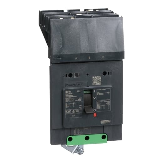 Schneider Electric BGA36020 Square D by Schneider Electric BGA36020 is a Moulded Case Circuit Breaker (MCCB) within the PowerPacT BGA sub-range, featuring a PowerPact B-Frame 100 TMD 3P 20A 600Y/347Vac 18kA I-line design. It has a rated impulse voltage (Uimp) of 8 kV and utilizes an I-line connection for ABC phases. This MCCB offers a degree of protection of IP40 and supports a rated current of 20A with a rated voltage (AC) of 600Vac 600Y/347Vac. It is designed for mechanical durability of 20,000 operations at no load and mounts on I-line with line side isolated plug-on jaws plus a mechanical I-Line bracket mechanism for robust attachment. The unit has 3 poles (3P), with dimensions of 137 mm in height, 89 mm in depth, and 81 mm in width. It falls under utilisation category A and features over-current protection fixed at 20A, short-circuit hold current fixed at 400A, and short-circuit trip current fixed at 600A. The rated voltage (DC) is 250Vdc, with a rated insulation voltage (Ui) of 800 V and a rated operating voltage (Ue) of 525 V. Protection functions include thermal protection for overload and magnetic protection for short-circuit, with a trip current rating of 20 AT. Its electrical durability with load is rated for 10,000 operations at 440Vac; In, and it has a frame current rating of 100 AF. The operating mode is toggle (manual), and it has a short circuit breaking rating of 65kA at 240Vac, 35kA at 480Vac, 35kA at 480Y/277Vac, and 18kA at 600Y/347Vac under UL489 standards. The trip unit type is thermal-magnetic (fixed) with no display. BGA36020 on Powermatic Associates