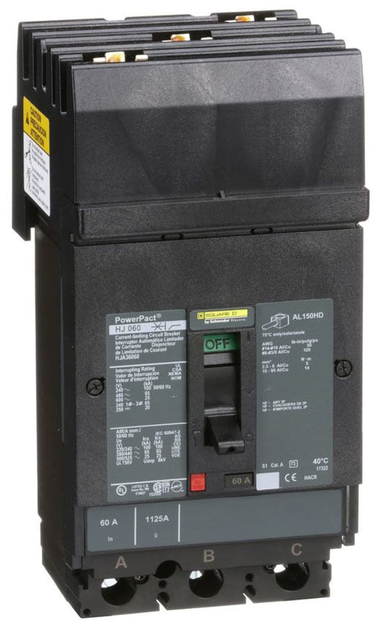 Schneider Electric HJA36060 Square D by Schneider Electric HJA36060 is a Moulded Case Circuit Breaker (MCCB) within the PowerPacT HJA sub-range, featuring a PowerPact H-Frame 150 TMD design. It is a 3-pole (3P) device with a rated current of 60A and offers thermal protection for overload and magnetic protection for short-circuits. The breaker is designed for I-line connection across ABC phases and supports a rated insulation voltage (Ui) of 750 V, with AC rated voltages of 600Vac and 600Y/347Vac, and a DC rated voltage of 250Vdc. It mounts on I-line with line side isolated plug-on jaws plus a mechanical I-Line bracket mechanism, ensuring a robust attachment. The net dimensions are 163 mm in height, 104 mm in width, and 86 mm in depth, with a degree of protection rated at IP40. The operating mode is manual toggle, and protection settings include over-current fixed at 60A, short-circuit hold current fixed at 800A, and short-circuit trip current fixed at 1450A. The rated operating voltage (Ue) is 690 V, with a rated impulse voltage (Uimp) of 8 kV. The trip current rating is 60 AT, with a frame current rating of 150 AF. It has a short circuit breaking rating of 100kA at 240Vac, 65kA at 480Vac and 480Y/277Vac, 25kA at 600Vac and 600Y/347Vac, and 20kA at 250Vdc, all according to UL489 standards. The trip unit type is thermal-magnetic (fixed) with no display, and it falls under utilisation category A. HJA36060 on Powermatic Associates