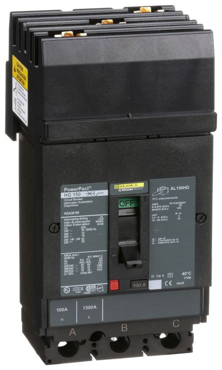 Schneider Electric HGA36100 Square D by Schneider Electric HGA36100 is a Moulded Case Circuit Breaker (MCCB) within the PowerPacT HGA sub-range, designed with a PowerPact H-Frame 150 TMD 3P 100A 600Vac/500Vdc 18kA I-line ABC 80% rated. It features a 3-pole (3P) configuration and offers thermal protection for overload and magnetic protection for short-circuit scenarios. The rated current is 100A, with a rated insulation voltage (Ui) of 750 V and rated voltages of 600Vac 600Y/347Vac for AC and 500Vdc for DC. This MCCB mounts on I-line with line side isolated plug-on jaws plus a mechanical I-Line bracket mechanism, ensuring a robust attachment. It has a net height of 163 mm, a width of 104 mm, and a depth of 86 mm, with an IP40 degree of protection. The operating mode is manual toggle, and it includes over-current protection fixed at 100A, short-circuit hold current fixed at 900A, and short-circuit trip current fixed at 1700A. The rated operating voltage (Ue) is 690 V, with a rated impulse voltage (Uimp) of 8 kV. The trip current rating is 100 AT, and the frame current rating is 150 AF. Its short circuit breaking rating varies with voltage, including 65kA at 240Vac, 35kA at 480Vac and 480Y/277Vac, 18kA at 600Vac and 600Y/347Vac, and 20kA at 250Vdc and 500Vdc, all under UL489. The trip unit type is thermal-magnetic (fixed) without a display, and it falls under utilisation category A. HGA36100 on Powermatic Associates