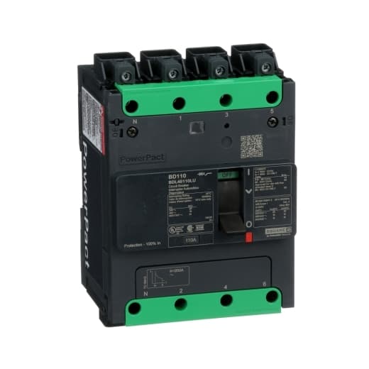 Schneider Electric BDL46110LU Square D by Schneider Electric BDL46110LU is a Moulded Case Circuit Breaker (MCCB) within the PowerPacT BDL sub-range, featuring a PowerPact B-Frame 125 TMD design. It is a 4-pole (4P) device with a rated current of 110A and a rated voltage of 600Vac 600Y/347Vac. This MCCB offers an impulse voltage rating (Uimp) of 8 kV and utilizes Everlink (Creep compensating) lugs on both line and load sides, with a Control Wire terminal (CWT) on the line side only. It has an IP40 degree of protection and is designed for fixed mounting on a DIN rail or as an individual unit mount on a plate. The MCCB's mechanical durability is rated at 20,000 operations at no load, with electrical durability (with load) of 10,000 operations at 440Vac. It features over-current protection fixed at 110A, short-circuit hold current protection fixed at 1000A, and short-circuit trip current protection fixed at 1500A. The device's dimensions are 137 mm in height, 80 mm in depth, and 108 mm in width. It operates with a toggle (manual) mechanism, has a frame current rating of 125 AF, and offers thermal (overload) and magnetic (short-circuit) protection functions without a display. The short circuit breaking rating varies by voltage, with 25kA at 240Vac, 18kA at 480Vac and 480Y/277Vac, 14kA at 600Y/347Vac, and 10kA at 250Vdc, all in accordance with UL489 standards. The trip unit type is thermal-magnetic (fixed). BDL46110LU on Powermatic Associates