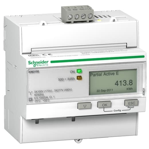 Schneider Electric A9MEM3150 Schneider Electric A9MEM3150 is a digital energy meter within the iEM sub-range, featuring an 8-digit graphic LCD display. It is designed for direct current measurement up to 63A and supports Modbus communication protocol. This meter offers a degree of protection rated at IP40 and is suitable for DIN rail mounting. It is compatible with various types of networks, including 1P+N, 3P, and 3P+N, and operates within a network frequency range of 50-60 Hz. The ambient air temperature for operation is specified between -25 and +55 °C. The A9MEM3150 has a sampling rate of 1,600 Hz for 50Hz networks and 1,920 Hz for 60Hz networks, with a supply voltage range of 277-480 V at 50-60Hz. Its measurement functions include voltage and current. A9MEM3150 on Powermatic Associates
