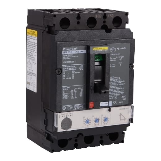 Schneider Electric HGL36100CU31X Square D by Schneider Electric HGL36100CU31X is a Moulded Case Circuit Breaker (MCCB) within the PowerPacT HGL sub-range, featuring a PowerPact H-Frame 150 Micrologic 3.2 (LI) design. It is a 3-pole (3P) device with a rated current of 100A and offers both long-time (L) and instantaneous (I) protection functions. The breaker is designed for individual unit mount on plate, with lugs on both load and line sides for connection. It has a rated insulation voltage (Ui) of 750 V, rated voltage (AC) of 600Vac 600Y/347Vac, and a rated voltage (DC) of 500Vdc. The device's net dimensions are 163 mm in height, 104 mm in width, and 86 mm in depth, with a degree of protection of IP40. It operates manually via a toggle and offers protection settings adjustable for overload (0.35...1 x In or 35A...100A) and short-circuit (1.5...15 x In or 150A...1500A). The rated operating voltage (Ue) is 690 V, with a rated impulse voltage (Uimp) of 8 kV. The trip current rating is 100 AT, with a frame current rating of 150 AF. Its short circuit breaking rating varies by voltage, including 65kA at 240Vac, 35kA at 480Vac and 480Y/277Vac, 18kA at 600Vac and 600Y/347Vac, and 20kA at both 250Vdc and 500Vdc, according to UL489 standards. The trip unit type is an electronic Micrologic Standard 3.2 (LI) with no display, and it falls under utilisation category A. HGL36100CU31X on Powermatic Associates
