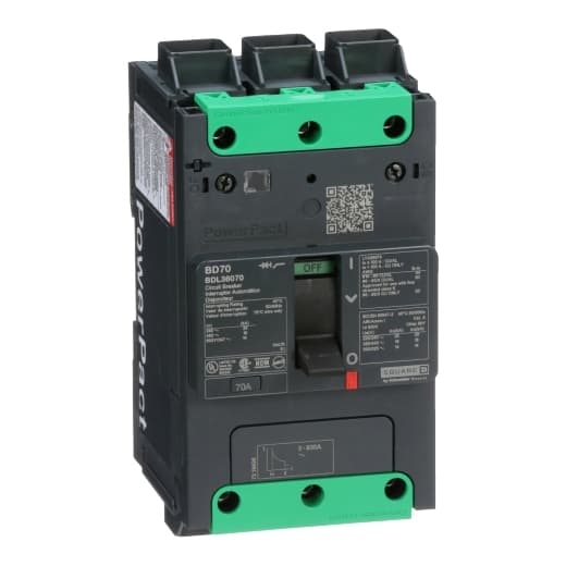 Schneider Electric BDL36070 Square D by Schneider Electric BDL36070 is a Moulded Case Circuit Breaker (MCCB) within the PowerPacT BDL sub-range, featuring a PowerPact B-Frame 100 TMD 3P 70A design for 600Y/347Vac with a 14kA breaking capacity and 80% rated Everlink (Creep compensating) lugs on both line and load sides. It has a rated impulse voltage (Uimp) of 8 kV and offers a degree of protection of IP40. The rated current is 70A, with a rated voltage (AC) of 600Vac 600Y/347Vac. It boasts a mechanical durability of 20,000 operations at no load and can be mounted on a DIN rail or as an individual unit on a plate. This 3-pole (3P) circuit breaker has dimensions of 137 mm in height, 80 mm in depth, and 81 mm in width. It falls under utilisation category A and features over-current protection fixed at 70A, short-circuit hold current fixed at 640A, and short-circuit trip current fixed at 960A. The rated voltage (DC) is 250Vdc, with a rated insulation voltage (Ui) of 800 V and a rated operating voltage (Ue) of 525 V. It provides thermal protection for overload and magnetic protection for short-circuits, with a trip current rating of 70 AT and an electrical durability of 10,000 operations with load at 440Vac. The frame current rating is 100 AF, and it operates via a toggle (manual) mechanism. The short circuit breaking rating varies by voltage, with 25kA at 240Vac, 18kA at 480Vac and 480Y/277Vac, and 14kA at 600Y/347Vac according to UL489 standards. The trip unit type is thermal-magnetic (fixed) without a display. BDL36070 on Powermatic Associates
