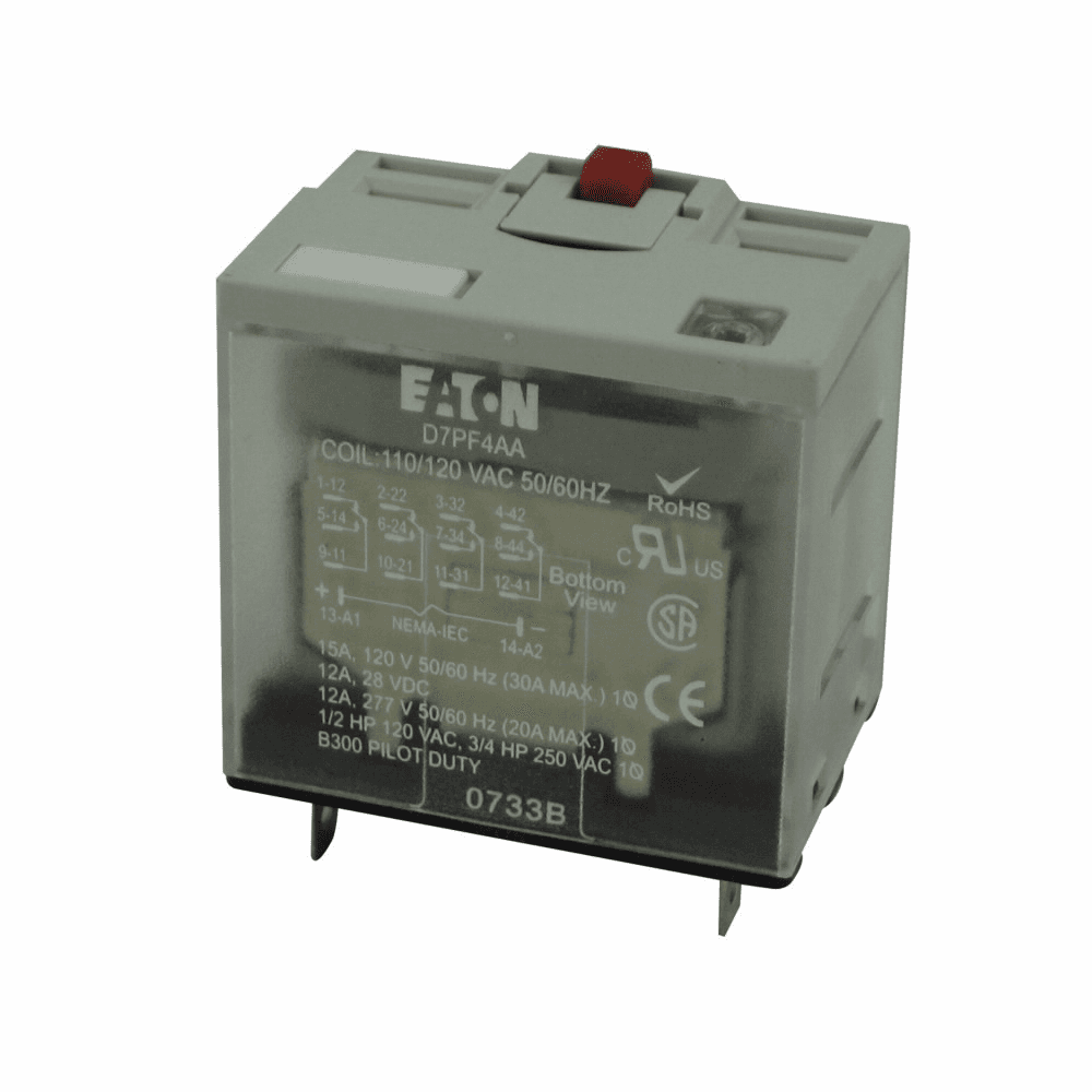 Eaton D7PF4AA1 D7PF4AA1 Eaton - D7 Series General Purpose Plug-In Relay, Full featured cover, 110/125 Vdc coil, 7340 Ohms resistance, Plug-in terminal, 4PDT contact configuration, 15A contact rating, Silver alloy contacts, IP40 enclosure D7PF4AA1 on Powermatic Associates