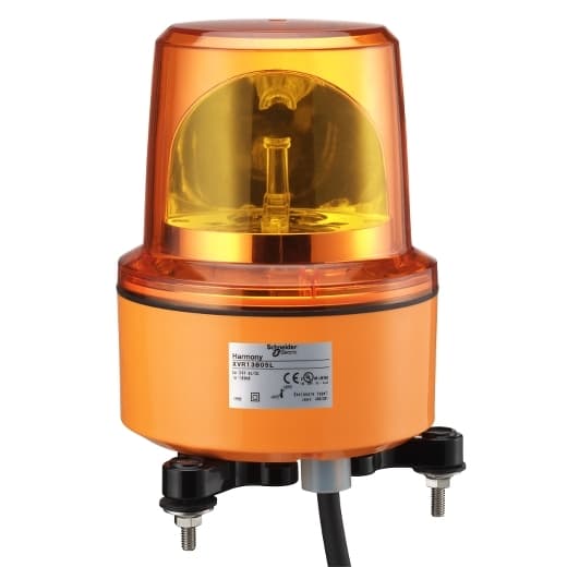 Schneider Electric XVR13M05L Schneider Electric XVR13M05L is a revolving warning light, part of the XVR sub-range, designed with a squared-off dome shape. This rotating mirror beacon features a degree of protection rated at IP66, ensuring it is protected against dust and powerful water jets. It operates with a control voltage of 230 Vac and has a supply voltage of 230 V AC. The light emits an orange color, and the unit has a diameter of 130 mm. XVR13M05L on Powermatic Associates