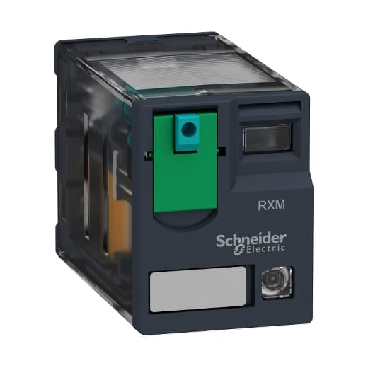 Schneider Electric RXM2AB2BD Schneider Electric RXM2AB2BD is a miniature plug-in relay within the RXM sub-range, designed with Ag/Ni - Silver - Nickel alloy contacts. This relay features a 2C/O - DPDT (Double Pole Double Throw) contact type and operates with a control voltage of 24 Vdc. It is rated for a current of 12 A at both 250Vac (AC-1) and 28Vac (DC-1). The RXM2AB2BD offers a plug-in mounting mode and can operate within an ambient air temperature range of -40 to +55 °C. It has an IP40 degree of protection and a current consumption of 0.038 A. This relay is equipped with an LED visual position indicator and consumes 0.9 W of power. It boasts an electrical durability of 100,000 operations with a resistive load and a mechanical durability of 10,000,000 operations at no load. Additionally, it features a Lockable Test Button (LTB) for latching. RXM2AB2BD on Powermatic Associates