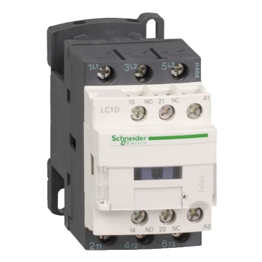 Schneider Electric LC1D18D7 Schneider Electric LC1D18D7 is a magnetic contactor from the Deca sub-range, featuring screw connections and designed with 3 poles (3P; 3NO). It has a rated current of 32A (AC-1) and 18A (440Vac; AC-3), with a mounting mode suitable for DIN rail installation. The net width of the contactor is 45 mm, and it offers a degree of protection rated at IP20. The control voltage (AC) ranges from 33.6-46.2Vac (42Vac nominal; 50Hz; 0.8...1.1 x Uc) to 35.7-46.2Vac (42Vac nominal; 60Hz; 0.85...1.1 x Uc), with a rated operating voltage (Ue) of up to 690 V. It includes 1 Normally Open (NO) auxiliary contact and 1 Normally Closed (NC) auxiliary contact, with the contacts type being 1NO+1NC instantaneous aux. The rated impulse voltage (Uimp) is 6 kV, and the rated active power (kW) spans from 4kW (220-230Vac; AC-3) to 10kW (660-690Vac; AC-3). The rated power (HP) varies from 1HP (115Vac; single-phase; 50Hz/60Hz; UL/CSA) to 15HP (575-600Vac; 3-phase; 50Hz/60Hz; UL/CSA). Mechanical durability is noted at 15,000,000 operations, with electrical durability (with load) at 1,600,000 operations. The rated voltage (AC) - Phase-to-phase is 690 V. LC1D18D7 on Powermatic Associates
