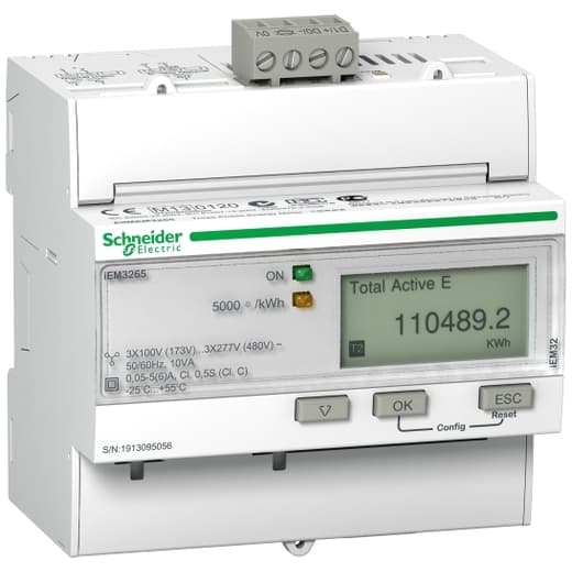 Schneider Electric A9MEM3265 Schneider Electric A9MEM3265 is a digital meter designed for energy measurement. It is part of the iEM sub-range and features an 8-digit graphic LCD display. This model supports BACnet communication protocol and is equipped with 1 Digital Input (DI) and 1 Digital Output (DO), allowing for 4 tariffs. It offers a degree of protection rated at IP40 and is suitable for DIN rail mounting. The A9MEM3265 operates on network types 1P+N, 3P, and 3P+N with a network frequency range of 50-60 Hz. It is designed to function within an ambient air temperature range of -25 to +55°C. The meter has a sampling rate of 1,600 Hz at 50Hz (32 samples/cycle) and 1,920 Hz at 60Hz (32 samples/cycle). Its measurement capabilities include voltage and current, with secondary current options for CT secondary current at 1 A and 5 A. A9MEM3265 on Powermatic Associates
