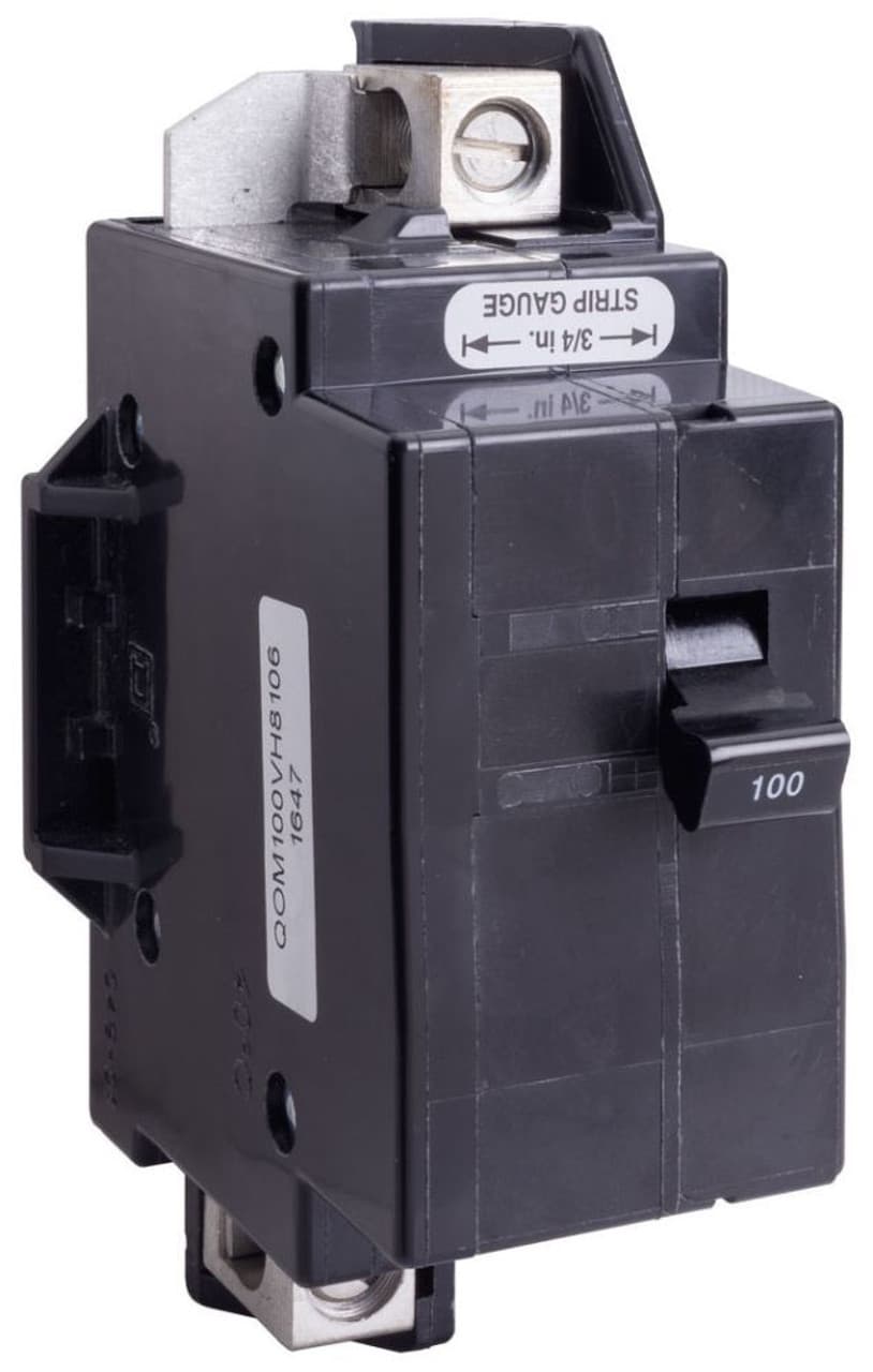 Schneider Electric QOM100VH8106 Square D by Schneider Electric QOM100VH8106 is a Miniature Circuit Breaker (MCB) designed for primary or main circuit protection. It features a bolt-on mounting mode and a bolt-on connection type, ensuring secure installation. This MCB is rated for a current of 100A and can accommodate a wire cross-section of 4-2/0AWG for one aluminum or copper cable. It operates on a rated voltage of 120V to 240V AC and is equipped with two poles. The QOM100VH8106 has a short circuit breaking rating of 22kA at 240Vac and utilizes lug terminals for its connections. QOM100VH8106 on Powermatic Associates