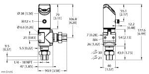 Turck PS326-010D-02-2UPN8-H1141 Pressure Sensor, Differential Pressure: 0…10 bar, Operating voltage 18…33 VDC, 4-digit, 2-colored, 12-segment display, rotatable by 180°, Housing is rotatable after plugging the process connection, Pressure range 0…10 bar diff., 18…33 V DC, NO/NC contact, PNP/NPN output, IO-Link, L-type, Process connection 1/4 inch NPT-18 female thread, Connector device, M12 × 1 PS326-010D-02-2UPN8-H1141 on Powermatic Associates