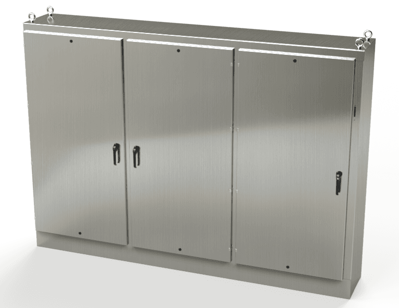 Saginaw Control SCE-84XM3EW18SS S.S. 3DR XM Enclosure, Height:84.00", Width:117.50", Depth:18.00", #4 brushed finish on all exterior surfaces. Sub-panels are powder coated white. SCE-84XM3EW18SS on Powermatic Associates