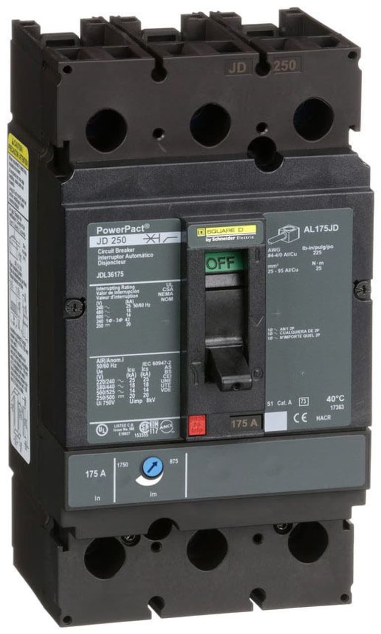 Schneider Electric JDL36175 Square D by Schneider Electric JDL36175 is a Moulded Case Circuit Breaker (MCCB) within the PowerPacT JDL sub-range, featuring a PowerPact J-Frame 250 TMD 3P 175A 600Vac 14kA design with lugs on both load and line sides for connection. This 3-pole circuit breaker offers thermal protection for overload scenarios and magnetic protection for short-circuit conditions. It has a rated current of 175A, with a rated insulation voltage (Ui) of 750 V and a rated voltage (AC) of 600Vac 600Y/347Vac. The unit is designed for individual mounting on a plate, with dimensions of 191 mm in height, 105 mm in width, and 127 mm in depth. It features an IP40 degree of protection and operates manually via a toggle. Protection settings include over-current fixed at 175A and short-circuit pickup current adjustable between 875A and 1750A. The rated operating voltage (Ue) is 690 V, with a rated impulse voltage (Uimp) of 8 kV. The trip current rating is 175 AT, with a frame current rating of 250 AF. Its short circuit breaking rating varies by voltage, including 25kA at 240Vac, 18kA at 480Vac and 480Y/277Vac, 14kA at 600Vac and 600Y/347Vac, and 20kA at 250Vdc, all in accordance with UL489 standards. The trip unit type is thermal-magnetic (adjustable) without a display, and it falls under utilisation category A. JDL36175 on Powermatic Associates