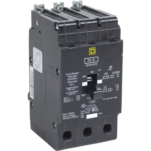Schneider Electric EJB36050 Square D by Schneider Electric EJB36050 is a Miniature Circuit Breaker (MCB) designed for bolt-on mounting with a visual trip indicator. It features lugs type terminals and operates at a rated voltage of 600 V AC. This MCB is equipped with short-circuit and overload protection functions, serving as both an Equipment Protection Device (EPD) and a Branch Circuit Breaker with a breaking capacity code J. The connection is facilitated through aluminium lugs, suitable for a rated current of 50A and compatible with a 3 Pole configuration. It accommodates a cross-section range of 12-2/0AWG and has a short circuit breaking rating of 25kA at 600Y/347Vac. The EJB36050 utilizes a thermal-magnetic trip unit with protection settings at a trip unit rating of 1800A. EJB36050 on Powermatic Associates