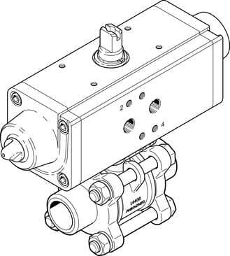 Festo 1774104 ball valve actuator unit VZBA-3/8"-WW-63-T-22-F0304-V4V4T-PS15-R- 2/2-way, flange hole pattern F0304, welded end. Design structure: (* 2-way ball valve, * Swivel drive), Type of actuation: pneumatic, Assembly position: Any, Mounting type: Line installatio 1774104 on Powermatic Associates
