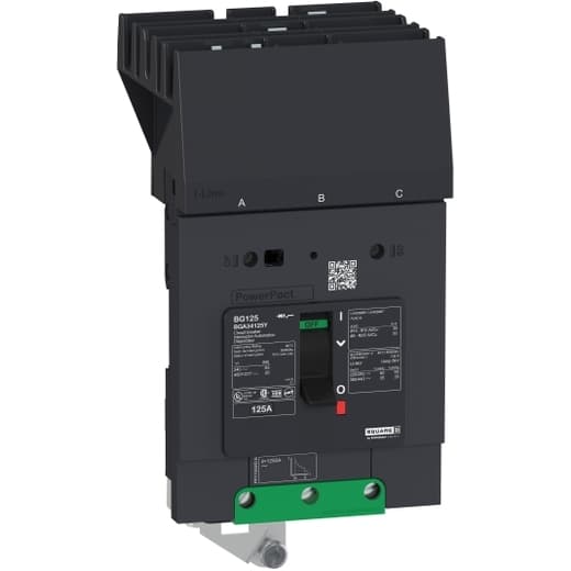 Schneider Electric BGA34125Y Square D by Schneider Electric BGA34125Y is a Moulded Case Circuit Breaker (MCCB) within the PowerPacT BGA sub-range, featuring a PowerPact B-Frame 125 TMD 3P 125A design for 480Y/277Vac with a 35kA I-line ABC 80% rated. It has a rated impulse voltage (Uimp) of 8 kV and utilizes an I-line connection for ABC phases. The degree of protection is IP40, with a rated current of 125A and a rated voltage (AC) of 480Vac 480Y/277Vac. Its mechanical durability is noted at 20,000 operations with no load, and it is designed to mount on I-line with line side isolated plug-on jaws plus a mechanical I-Line bracket mechanism for robust attachment. This 3-pole (3P) breaker measures 137 mm in height, 89 mm in depth, and 81 mm in width. It falls under utilisation category A and offers protection settings for over-current fixed at 125A, short-circuit hold current fixed at 1000A, and short-circuit trip current fixed at 1500A. The rated voltage (DC) is 250Vdc, with a rated insulation voltage (Ui) of 800 V, and a rated operating voltage (Ue) of 525 V. Protection functions include thermal protection for overload and magnetic protection for short-circuit, with a trip current rating of 125 AT. Its electrical durability with load is 10,000 operations at 440Vac; In, and it has a frame current rating of 125 AF. The operating mode is toggle (manual), and it has a short circuit breaking rating of 65kA at 240Vac, 35kA at 480Vac, 35kA at 480Y/277Vac, 14kA at 600Y/347Vac, and 20kA at 250Vdc, all according to UL489 standards. The trip unit type is thermal-magnetic (fixed) with no display. BGA34125Y on Powermatic Associates