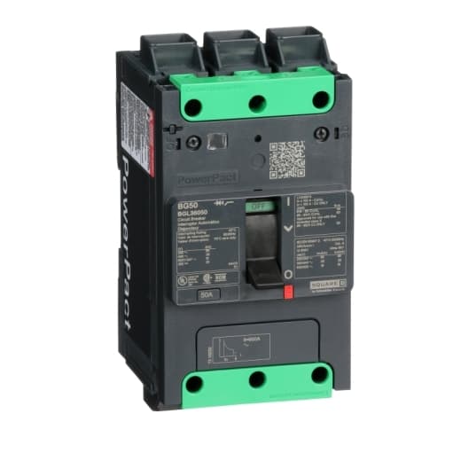 Schneider Electric BGL36050 Square D by Schneider Electric BGL36050 is a Moulded Case Circuit Breaker (MCCB) within the PowerPacT BGL sub-range, featuring a PowerPact B-Frame 100 TMD 3P 50A 600Y/347Vac 18kA design. It has a rated impulse voltage (Uimp) of 8 kV and utilizes Everlink (Creep compensating) lugs for both line and load connections, offering a degree of protection of IP40. The rated current is 50A, with a rated voltage (AC) of 600Vac 600Y/347Vac. This MCCB is designed for mechanical durability of 20,000 operations at no load and can be mounted either on a DIN rail or as an individual unit on a plate. It features 3 poles (3P), with dimensions of 137 mm in height, 80 mm in depth, and 81 mm in width. The utilisation category is A, and it includes protection settings for over-current fixed at 50A, short-circuit hold current fixed at 480A, and short-circuit trip current fixed at 720A. The rated voltage (DC) is 250Vdc, with a rated insulation voltage (Ui) of 800 V and a rated operating voltage (Ue) of 525 V. Protection functions include thermal protection for overload and magnetic protection for short-circuit, with a trip current rating of 50 AT. Its electrical durability with load is rated for 10,000 operations at 440Vac; In, and it has a frame current rating of 100 AF. The operating mode is toggle (manual), and it has a short circuit breaking rating of 65kA at 240Vac, 35kA at 480Vac, 35kA at 480Y/277Vac, and 18kA at 600Y/347Vac under UL489 standards. The trip unit type is thermal-magnetic (fixed) with no display. BGL36050 on Powermatic Associates
