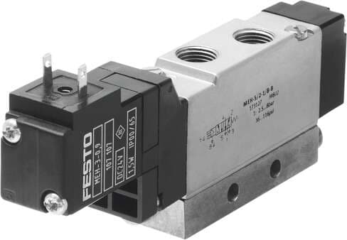 Festo 173127 solenoid valve MEH-5/2-1/8-B Midi Pneumatic, with solenoid coil and manual override, without socket. Valve function: 5/2 monostable, Type of actuation: electrical, Width: 17,8 mm, Standard nominal flow rate: 600 l/min, Operating pressure: 2,5 - 8 bar 173127 on Powermatic Associates