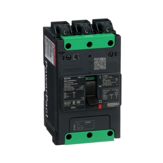 Schneider Electric BDL36040LU Square D by Schneider Electric BDL36040LU is a Moulded Case Circuit Breaker (MCCB) within the PowerPacT BDL sub-range, featuring a PowerPact B-Frame 100 TMD design. It is a 3-pole (3P) device with a rated current of 40A and a rated voltage of 600Vac 600Y/347Vac. This breaker is equipped with Everlink (Creep compensating) lugs on both line and load sides, plus a Control Wire terminal (CWT) on the line side only, offering a connection type designed for robustness. It has a rated impulse voltage (Uimp) of 8 kV and provides a degree of protection of IP40. The MCCB's mechanical durability is rated at 20,000 operations at no load, and it can be mounted either on a DIN rail or as an individual unit on a plate. Its protection settings include over-current fixed at 40A, short-circuit hold current fixed at 400A, and short-circuit trip current fixed at 600A. The net dimensions are 137 mm in height, 80 mm in depth, and 81 mm in width. It also features a rated insulation voltage (Ui) of 800 V, a rated operating voltage (Ue) of 525 V, and thermal and magnetic protection functions. The trip current rating is 40 AT, with an electrical durability (with load) of 10,000 operations at 440Vac. The frame current rating is 100 AF, and it operates via a toggle (manual) mode. The short circuit breaking rating varies by voltage, with 25kA at 240Vac, 18kA at 480Vac and 480Y/277Vac, and 14kA at 600Y/347Vac, all according to UL489 standards. The trip unit type is thermal-magnetic (fixed) without a display. BDL36040LU on Powermatic Associates