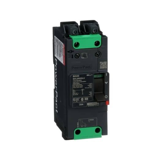 Schneider Electric BDL26020LU Square D by Schneider Electric BDL26020LU is a Moulded Case Circuit Breaker (MCCB) within the PowerPacT BDL sub-range, featuring a PowerPact B-Frame 100 TMD 2P 20A 600Y/347Vac with a 14kA breaking capacity and Everlink (Creep compensating) lugs on both line and load sides, plus a Control Wire terminal (CWT) on the line side only. It has a rated impulse voltage (Uimp) of 8 kV and offers an IP40 degree of protection. The rated current is 20A, with a rated voltage (AC) of 600Vac 600Y/347Vac. It is designed for 20000 operations in terms of mechanical durability at no load and can be mounted either on a DIN rail or as an individual unit on a plate. This 2-pole (2P) circuit breaker has dimensions of 137 mm in height, 80 mm in depth, and 54 mm in width. It falls under utilisation category A and features over-current protection fixed at 20A, short-circuit hold current fixed at 400A, and short-circuit trip current fixed at 600A. The rated voltage (DC) is 250Vdc, with a rated insulation voltage (Ui) of 800 V and a rated operating voltage (Ue) of 525 V. Its protection functions include thermal protection for overload and magnetic protection for short-circuits, with a trip current rating of 20 AT and an electrical durability (with load) of 10000 operations at 440Vac; In. The frame current rating is 100 AF, operated by a toggle (manual) mode. The short circuit breaking rating varies with voltage, offering 25kA at 240Vac, 18kA at 480Vac and 480Y/277Vac, and 14kA at 600Y/347Vac under UL489 standards, with a 10kA rating at 250Vdc. The trip unit type is a fixed thermal-magnetic technology without a display. BDL26020LU on Powermatic Associates