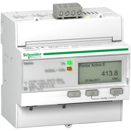 Schneider Electric A9MEM3455 Schneider Electric A9MEM3455 is a digital meter within the iEM sub-range, designed for DIN rail mounting. This modular energy meter features Modbus communication, one digital input (DI) plus one digital output (DO), and supports multi-tariff functions suitable for low voltage current transformers (LVCT). It operates at a rated voltage of 230 V AC phase-to-neutral and 400 V AC phase-to-phase. A9MEM3455 on Powermatic Associates