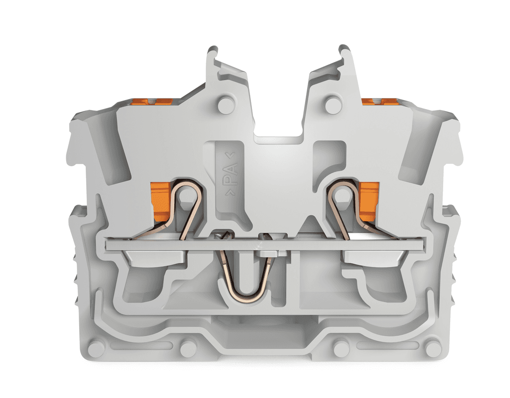 WAGO 2250-301 2250-301 WAGO - 2-conductor miniature through terminal block; with push-button; 1 mm²; End terminal block with mounting flange; side and center marking; with test port; Push-in CAGE CLAMP®; 1,00 mm²; gray 2250-301 on Powermatic Associates