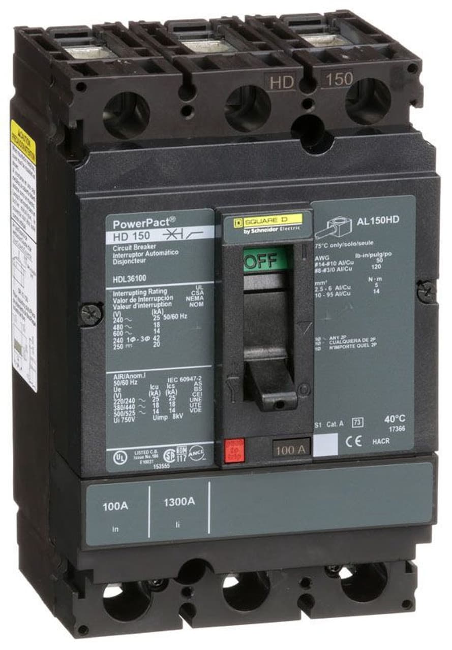 Schneider Electric HDL36100 Square D by Schneider Electric HDL36100 is a Moulded Case Circuit Breaker (MCCB) within the PowerPacT HDL sub-range, designed as a PowerPact H-Frame 150 TMD 3P 100A 600Vac/250Vdc 14kA with lugs 80% rated. It features a connection type of lugs on both load and line sides and operates with 3 poles (3P). This MCCB offers thermal protection for overload and magnetic protection for short-circuit scenarios. It has a rated current of 100A, a rated insulation voltage (Ui) of 750 V, and operates at a rated voltage (AC) of 600Vac 600Y/347Vac. The unit is designed for individual unit mount on plate, with a net height of 163 mm, a net width of 104 mm, and a net depth of 86 mm. It provides a degree of protection of IP40 and operates via a toggle (manual) mode. Protection settings include over-current fixed at 100A, short-circuit hold current fixed at 900A, and short-circuit trip current fixed at 1700A. The rated operating voltage (Ue) is 690 V, with a rated impulse voltage (Uimp) of 8 kV. The trip current rating is 100 AT, with a frame current rating of 150 AF. Its short circuit breaking rating includes 25kA at 240Vac, 18kA at 480Vac, 18kA at 480Y/277Vac, 14kA at 600Vac, 14kA at 600Y/347Vac, and 20kA at 250Vdc, all under UL489. The trip unit type is thermal-magnetic (fixed) with no display, and it falls under utilisation category A. HDL36100 on Powermatic Associates