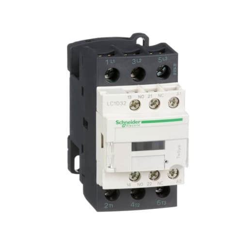 Schneider Electric LC1D32B7 Schneider Electric LC1D32B7 is a magnetic contactor from the Deca sub-range, featuring screw connections and designed for 3-pole (3NO) operation. It has a rated current of 50A for AC-1 and 32A for AC-3 at 440Vac, with a mounting mode suitable for DIN rail installation. The net width of the contactor is 45 mm, and it offers a degree of protection rated at IP20. The control voltage (AC) ranges from 19.2-26.4Vac at 50Hz and 20.4-26.4Vac at 60Hz, with a nominal control voltage of 24Vac. Its rated operating voltage (Ue) is up to 690 V, and it includes 1 normally open (NO) auxiliary contact. The rated impulse voltage (Uimp) is 6 kV, and the rated active power spans from 7.5kW at 220-230Vac to 18.5kW at 660-690Vac in AC-3 operation. Additionally, it features 1 normally closed (NC) auxiliary contact and instantaneous auxiliary contacts type of 1NO+1NC. The rated power in horsepower (HP) varies from 2HP at 115Vac in single-phase to 25HP at 575-600Vac in three-phase, under UL/CSA standards. The mechanical durability of the LC1D32B7 is rated at 15 million operations at no load, and its electrical durability with load is 1.6 million operations. The rated voltage for phase-to-phase operation is 690 V. LC1D32B7 on Powermatic Associates