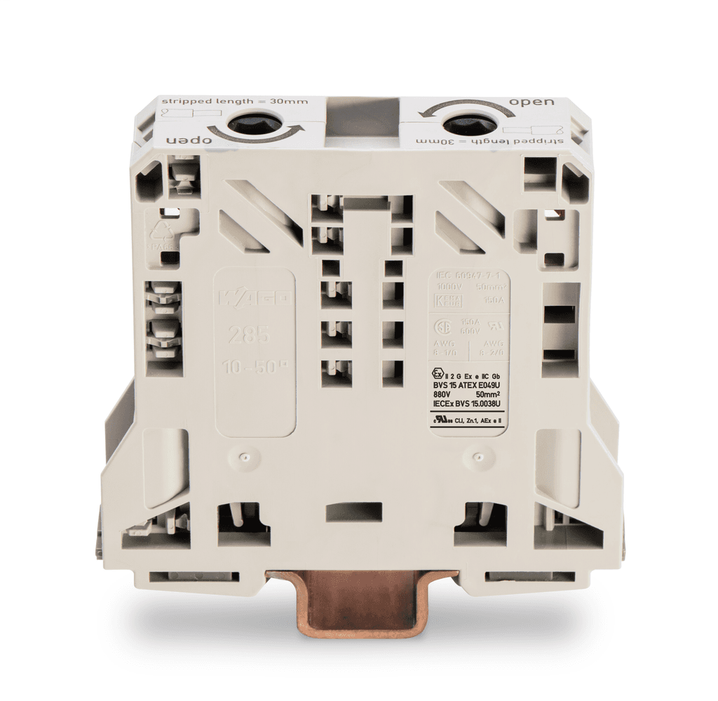 WAGO 285-950 285-950 WAGO - POWER CAGE CLAMP feedthrough terminal block; suitable for Ex e II applications; DIN 35 x 15 rail mount; 2-conductor; 2/0 AWG stranded, 1/0 AWG solid; 20 mm wide; light gray 285-950 on Powermatic Associates