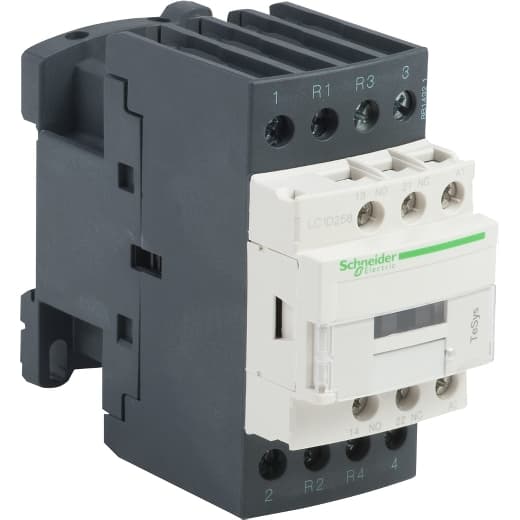 Schneider Electric LC1D258F7 Schneider Electric LC1D258F7 is a magnetic contactor from the Deca sub-range, featuring screw connections and a 4-pole (4P; 2NO+2NC) configuration. It has a rated current of 40A (AC-1) and is designed for DIN rail mounting. The net width of the contactor is 45 mm, and it offers a degree of protection of IP20. The control voltage (AC) ranges from 88-121Vac (110Vac nominal; 50Hz; 0.8...1.1 x Uc) to 93.5-121Vac (110Vac nominal; 60Hz; 0.85...1.1 x Uc), with a rated operating voltage (Ue) of 690 V. It includes 1 normally open (NO) auxiliary contact and 1 normally closed (NC) auxiliary contact, both of the 1NO+1NC instantaneous aux. type. The rated impulse voltage (Uimp) is 6 kV, and the mechanical durability (at no load) is rated at 15,000,000 operations. The rated voltage (AC) phase-to-phase is 690 V. LC1D258F7 on Powermatic Associates