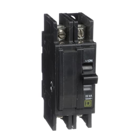 Schneider Electric QOU250VH Square D by Schneider Electric QOU250VH is a unit-mount Miniature Circuit Breaker (MCB) designed for a rated current of 50A. It features slotted box lugs connections on both the load and line sides, accommodating a cross-section of 14-2AWG for 1 cable Al/Cu. This 2-pole MCB operates at a rated voltage of 120V to 240V AC, with a short circuit breaking rating of 22kA at 240Vac and 5kA at 48Vdc. The terminals are of the box lugs type, ensuring a secure connection for various applications. QOU250VH on Powermatic Associates