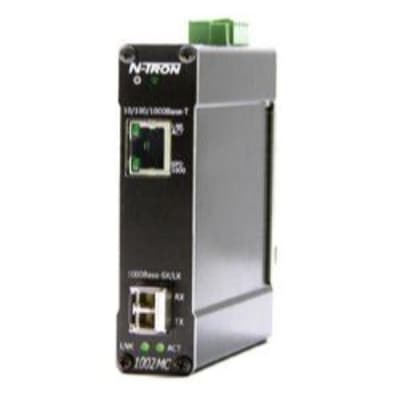Red Lion 1002MC-SX Red Lion 1002MC-SX is a Gigabit Media Converter designed for converting data signals between copper (RJ45 port, 10/100/1000baseTX) and fiber optic (SFP Mini-GBIC Gigabit Transceiver slot, 1000BaseSX multi-mode 550m Fiber Pluggable SFP Transceiver Included) interfaces. It operates on a supply voltage of 10-30Vdc (12Vdc / 24Vdc) and is housed in a metal case for durability. This media converter does not require an AC supply voltage, as its operation is supported within an ambient air temperature range of -40 to +85°C. It is designed for DIN rail mounting, making it suitable for integration into various industrial settings. The 1002MC-SX is part of the N-Tron 1002MC series, emphasizing its role in network infrastructure by facilitating seamless data transmission across different media types. 1002MC-SX on Powermatic Associates