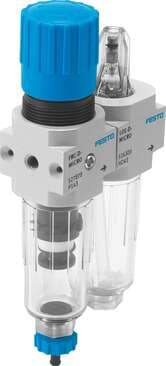 Festo 527867 service unit FRC-1/8-D-7-O-5M-MICRO-H With threaded connection plate, without pressure gauge, semiautomatic condensate drain Size: Micro, Series: D, Actuator lock: Rotary knob with lock, Assembly position: Vertical +/- 5°, Condensate drain: semi-automatic 527867 on Powermatic Associates