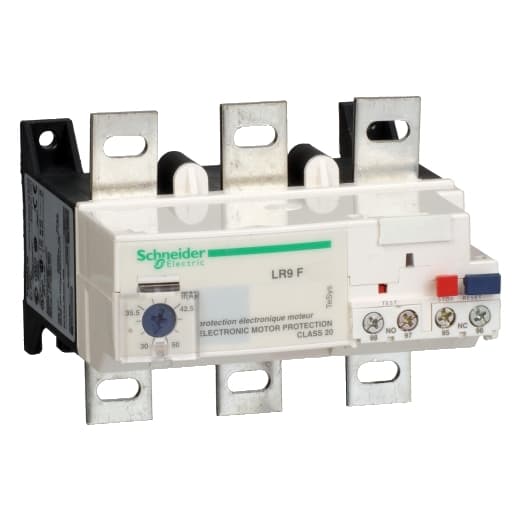 Schneider Electric LR9F5571 Schneider Electric LR9F5571, part of the LR9F sub-range, is an electronic thermal overload relay designed for a 3 Pole configuration. It features connection types with lugs for both upstream and outgoing cables, and a screw-clamp for the control circuit. This part offers protection functions classified as Class 20, with a rated current range of 132-220 A. The protection settings for thermal overload are adjustable within the same range. It includes 1 Normally Open (NO) and 1 Normally Closed (NC) auxiliary contacts. The LR9F5571 operates with a supply voltage of 24 V DC and has a rated voltage for AC phase-to-phase connections of 1000 V at 50/60Hz. The minimum and maximum current ratings are set at 132 A and 220 A, respectively. LR9F5571 on Powermatic Associates