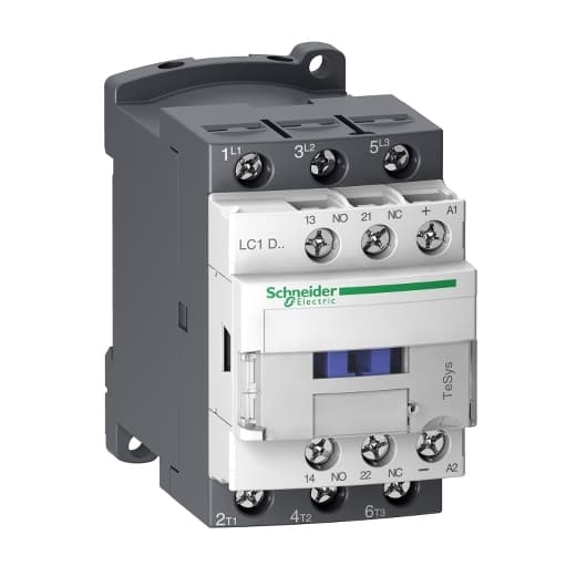 Schneider Electric LC1D32BL Schneider Electric LC1D32BL is a magnetic contactor from the Deca sub-range, designed with a low-consumption coil that consumes less than 2.4W. It features screw connections and is equipped with 3 poles (3P; 3NO), supporting a rated current of 50A for AC-1 and 32A for 440Vac in AC-3. This contactor is suitable for DIN rail mounting and has a net width of 45 mm. It offers a degree of protection rated at IP20 and operates with a control voltage of 19.2-30Vdc, with a nominal 24Vdc. The LC1D32BL can handle a rated operating voltage (Ue) up to 690 V and includes 1 normally open (NO) auxiliary contact. It is capable of withstanding a rated impulse voltage (Uimp) of 6 kV and delivers rated active power ranging from 7.5kW to 18.5kW across various AC voltages. Additionally, it features 1 normally closed (NC) auxiliary contact and instantaneous auxiliary contacts type of 1NO+1NC. The rated power in horsepower (HP) varies from 2HP to 25HP, depending on the voltage and phase, suitable for both single-phase and 3-phase systems. Its mechanical durability is rated for 15 million operations at no load, and its electrical durability is rated for 1.6 million operations with load. The rated voltage for phase-to-phase connections is 690 V. LC1D32BL on Powermatic Associates