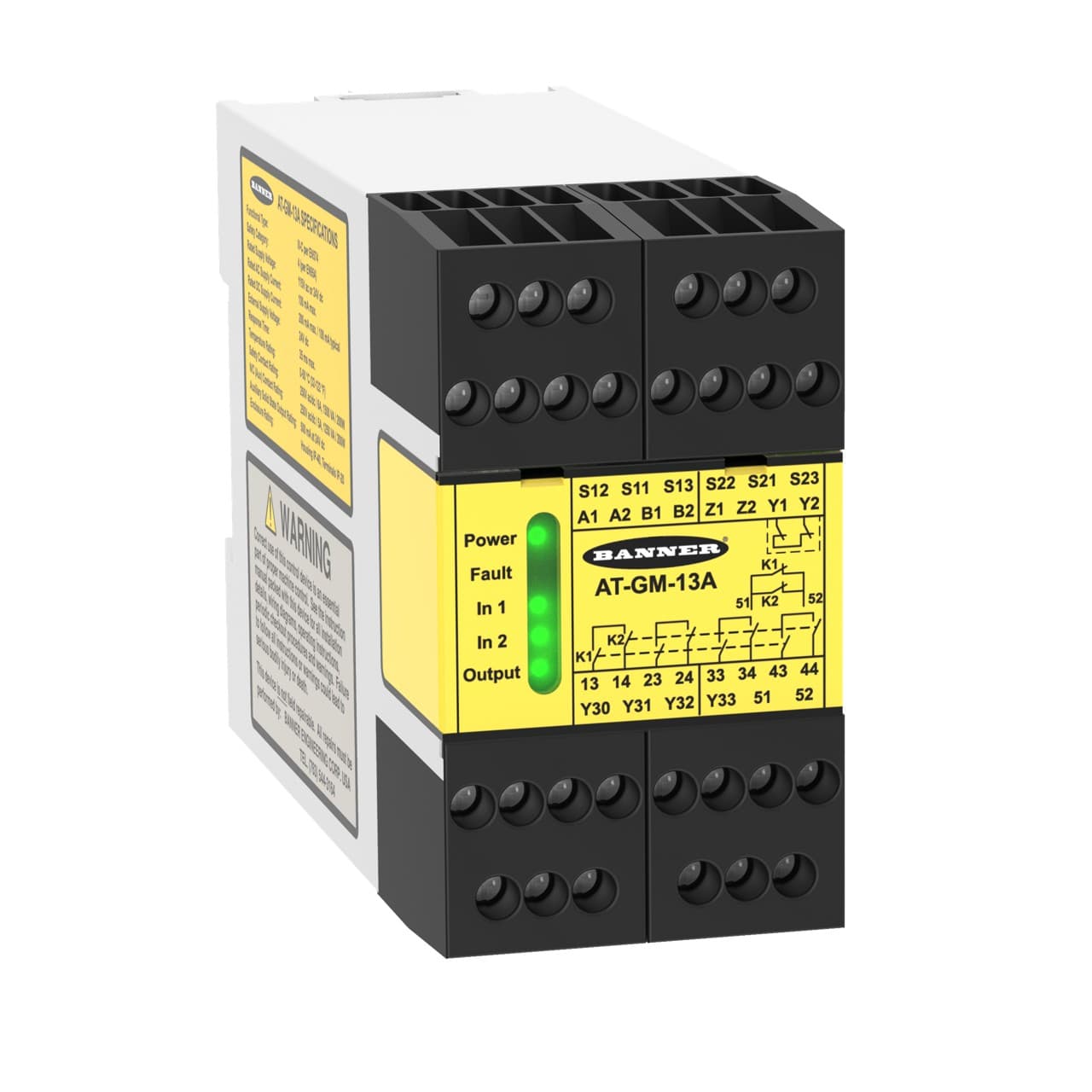 Banner AT-GM-13A Safety Relay Module for Two-Hand Control Buttons, Supply Voltage: 115 V ac or 24 V dc, Safety Input: Two Buttons With Complementary PNP or Relay Outputs, Safety Output: 4 NO, 6 Amp; Aux Output: 1 NC, 5 Amp, Terminal Block: Removable; Width: 45mm, Self-Che AT-GM-13A on Powermatic Associates