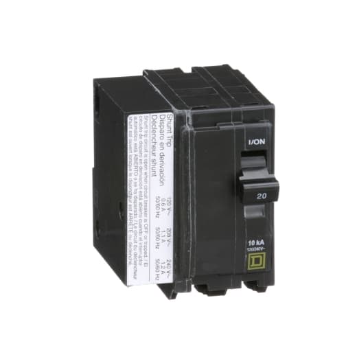 Schneider Electric QO2201021 Square D by Schneider Electric QO2201021 is a Miniature Circuit Breaker (MCB) featuring a shunt trip coil. This plug-in mounted MCB is designed for a rated current of 20A and offers a plug-in connection type. It supports a rated voltage of 48Vdc and 120V/240V AC, accommodating a cross-section of 14-8AWG (1 cable Al/Cu) with 2 poles. The control voltage ranges from 120Vac to 208Vac. It has a short circuit breaking rating of 10kA at 240Vac and 5kA at 48Vdc, with press plate type terminals for connections. QO2201021 on Powermatic Associates