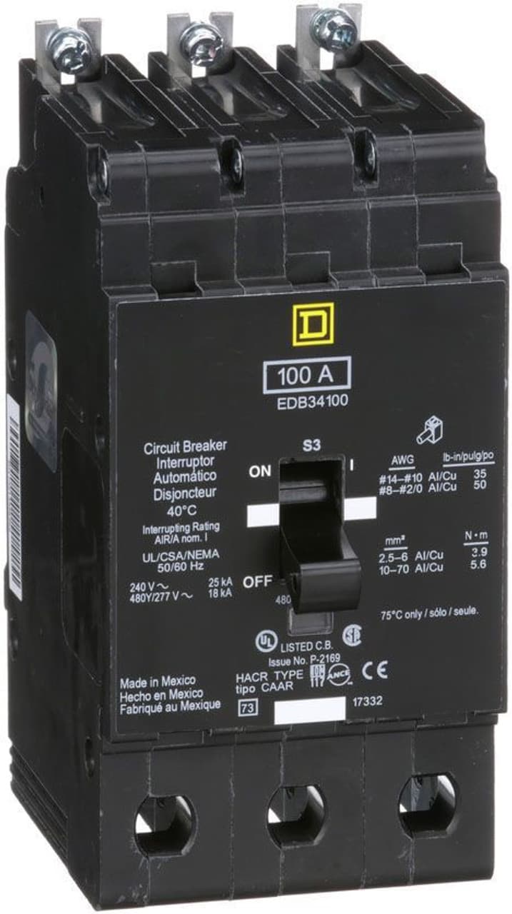 Schneider Electric EDB34100 Square D by Schneider Electric EDB34100 is a Miniature Circuit Breaker (MCB) designed for bolt-on mounting with a visual trip indicator. It features lugs type terminals and operates at a rated voltage of 480 V AC. This MCB offers protection functions against short-circuit and overload conditions and serves as both an Equipment Protection Device (EPD) and a Circuit Breaker (CB) with a breaking capacity code D. It is equipped with an aluminium lugs connection and supports a rated current of 100A across 3 poles. The cross-section compatibility ranges from 12 to 2/0 AWG. Its short circuit breaking rating is specified at 25kA for 120Vac and 240Vac, and 18kA for 480Y/277Vac. The EDB34100 utilizes a thermal-magnetic trip unit with protection settings at a trip unit rating of 2300A. EDB34100 on Powermatic Associates
