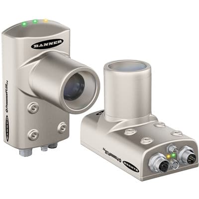 Banner P4ORS-BC Right-angle vision / inspection camera (0.3Mpixel) with barcode reader - Banner Engineering (PresencePLUS series - P4 OMNI Sealed) - Part #10408 - 640x480pixels resolution (Monochrome / Grayscale sensing) - 4 x digital outputs (PNP/NPN transistors) - Supp P4ORS-BC on Powermatic Associates