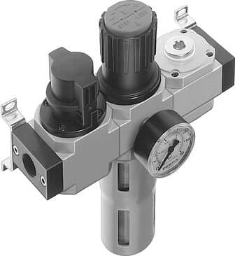 Festo 185725 service unit LFR-3/8-D-MIDI-KB consisting of manual on/off valve, filter regulator and distributor module, with mounting brackets. With manual condensate drain. Size: Midi, Series: D, Actuator lock: Rotary knob with lock, Assembly position: Vertical +/- 5 185725 on Powermatic Associates