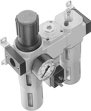 Festo 185805 service unit FRC-1/4-D-MINI-KB consisting of filter regulator, distributor module with pressure switch but without socket, and lubricator with mounting brackets. With manual condensate drain and metal bowl guard. Size: Mini, Series: D, Actuator lock: Rota 185805 on Powermatic Associates